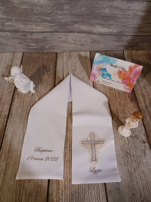Echarpe de baptême ou communion personnalisée - Modèle croix doré/argenté