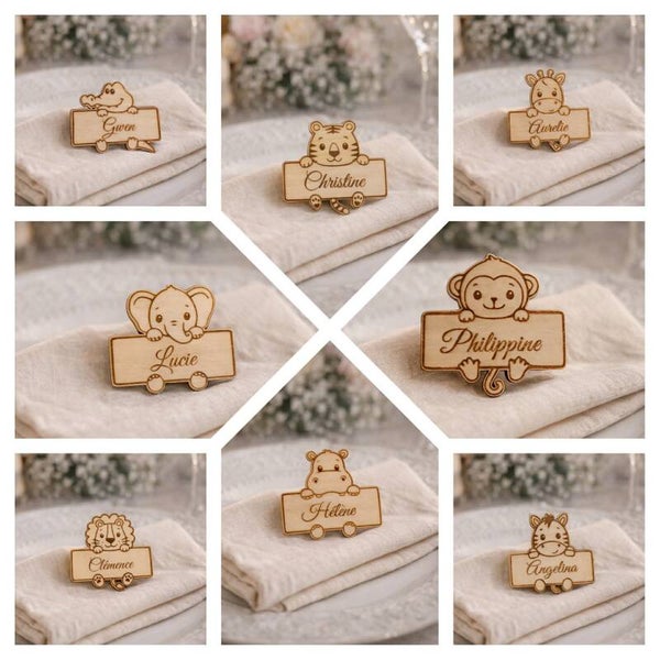 Marque place personnalisé en bois - Modèle animaux de la jungle