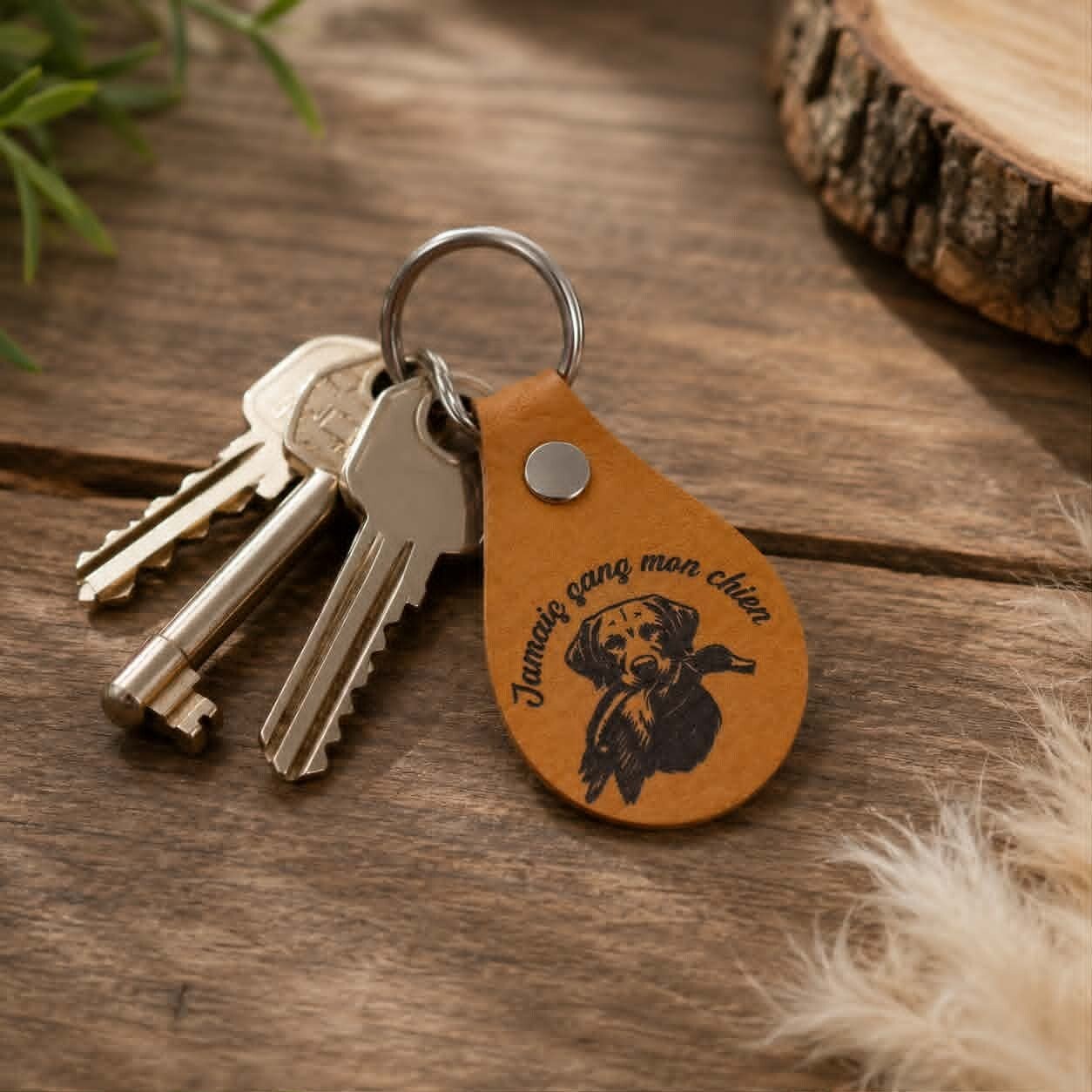 Porte clef goutte simili cuir personnalisé - Modèle chien avec canard