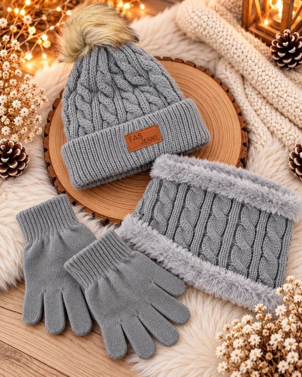 Ensemble bonnet + tour de cou + gants enfant gris - Accessoires hiver