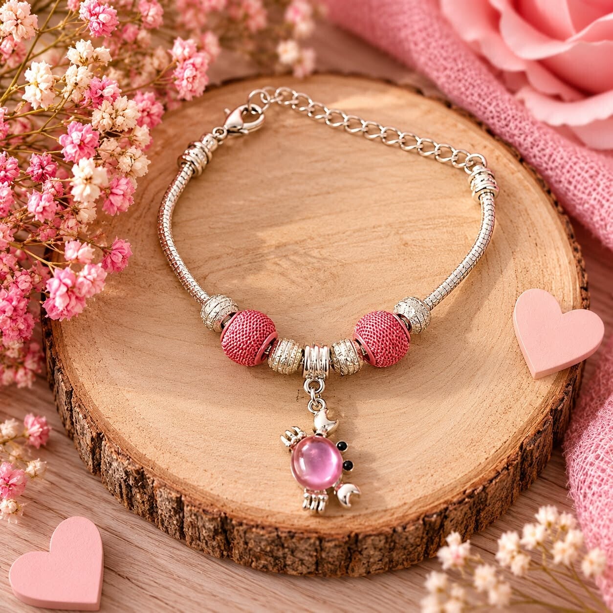Bracelet style Pandora - Octobre Rose - Crabe