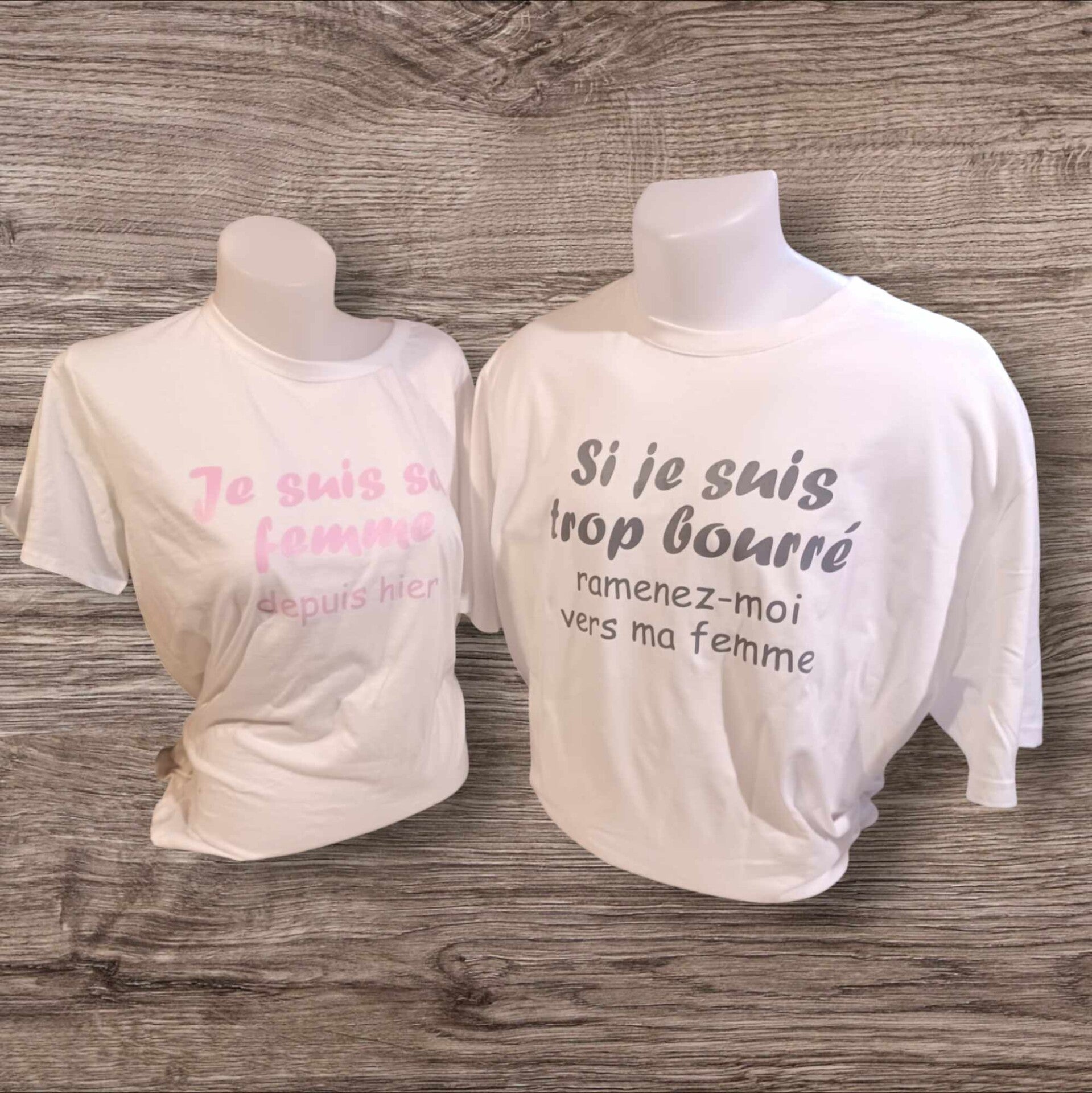 Duo t-shirts adulte personnalisés - Modèle "Si je suis trop bourré ramenez-moi à ..." et " Je suis ..."