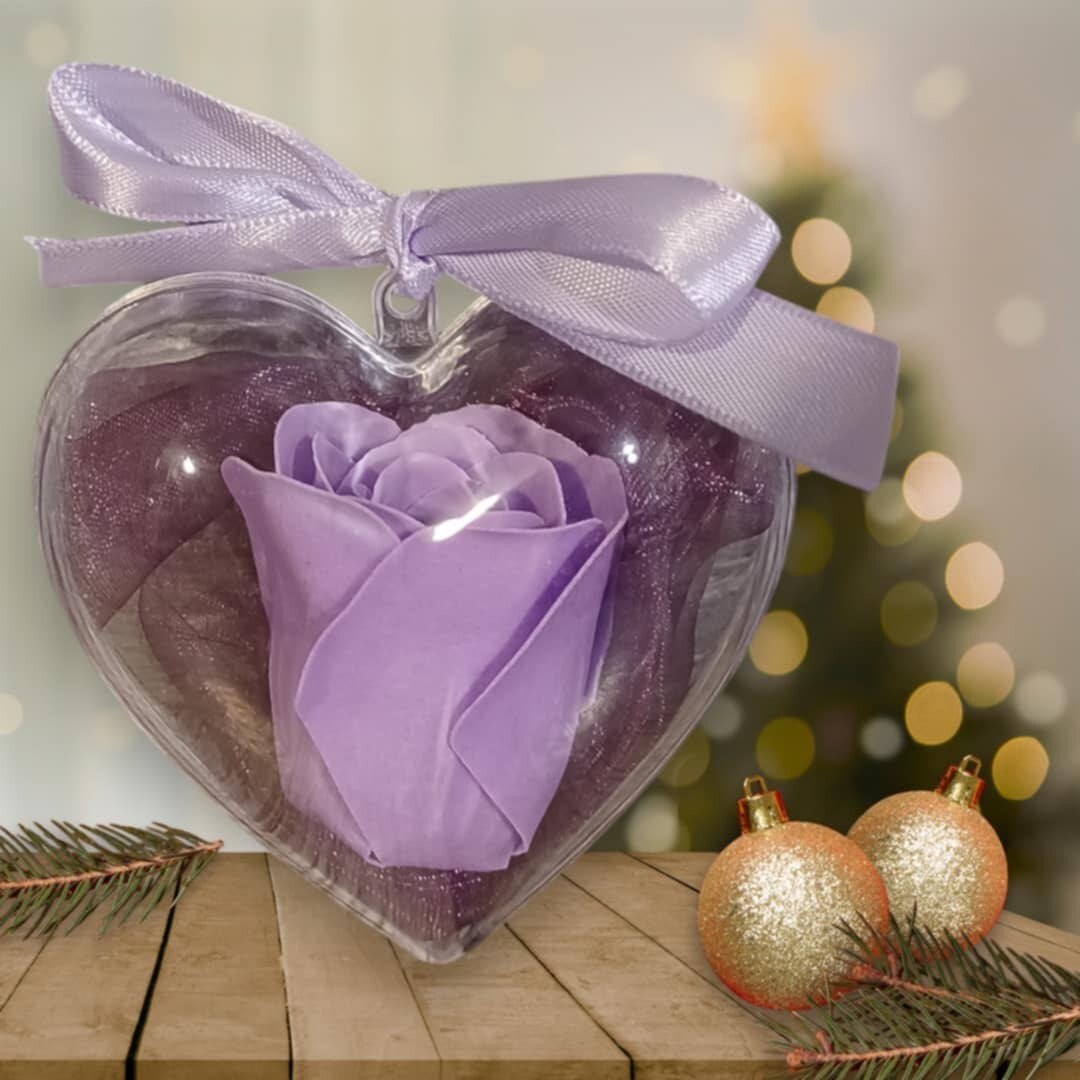 Coeur en plexiglass personnalisé avec rose de savon - Modèle mauve