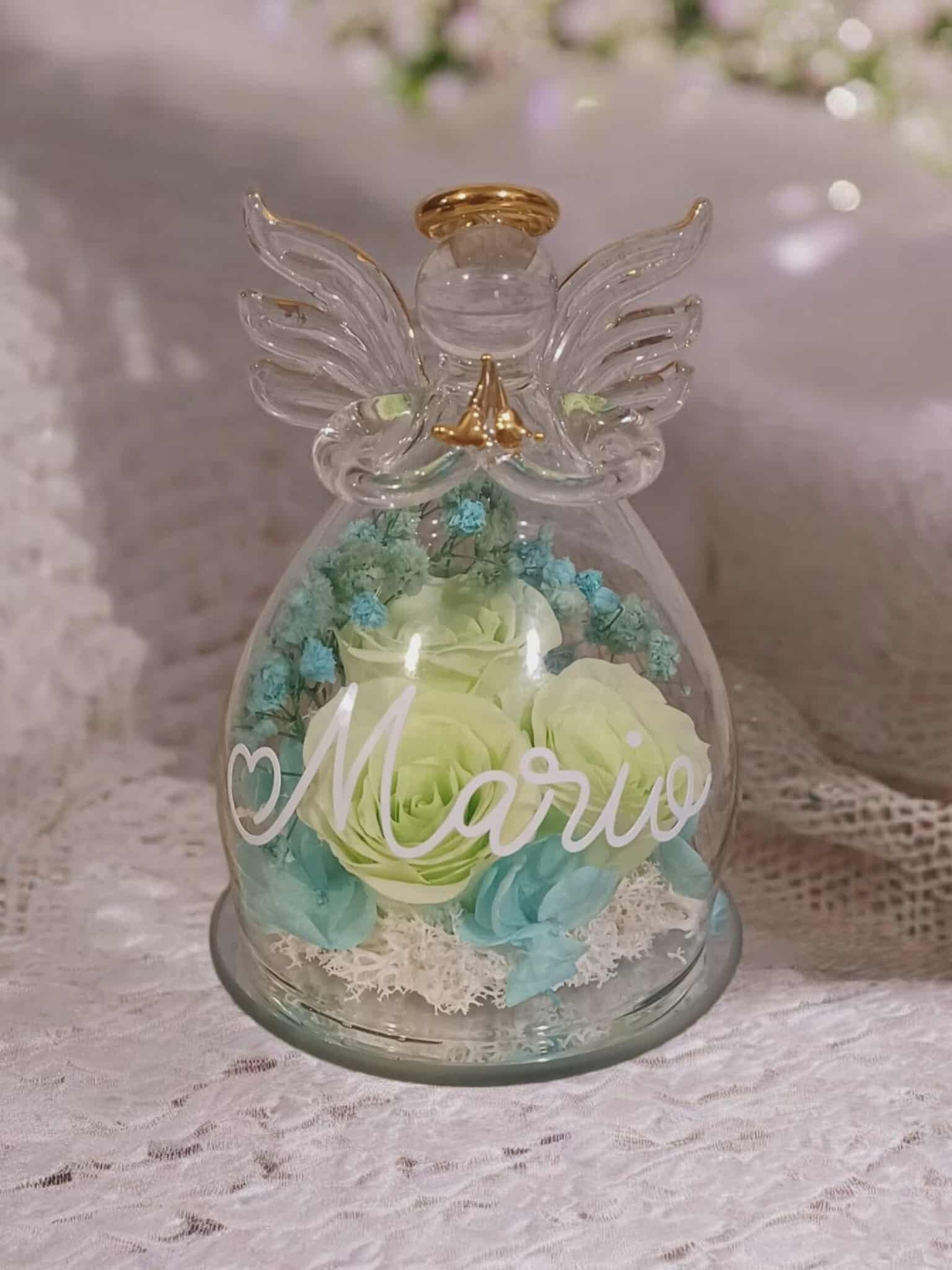 Ange en verre avec roses éternelles personnalisé - Modèle vert
