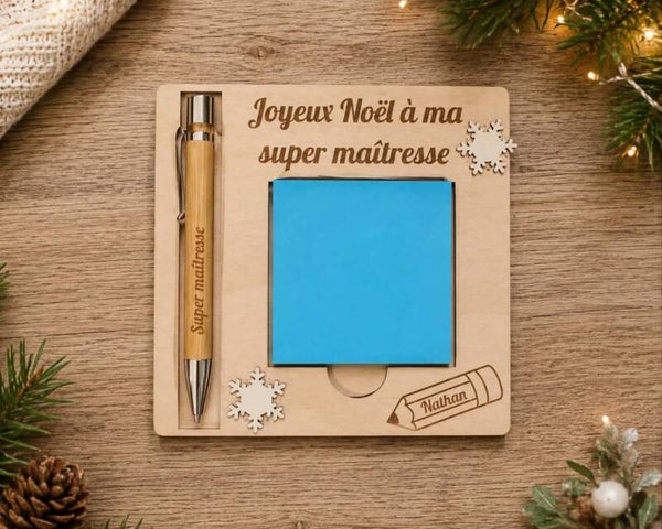 Bloc note avec post it et son stylo en bois - Modèle flocon