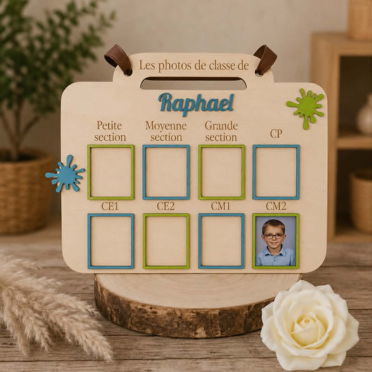 Panneau en bois pour photos de classe personnalisé - Modèle cartable