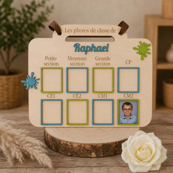 Panneau en bois pour photos de classe personnalisé - Modèle cartable