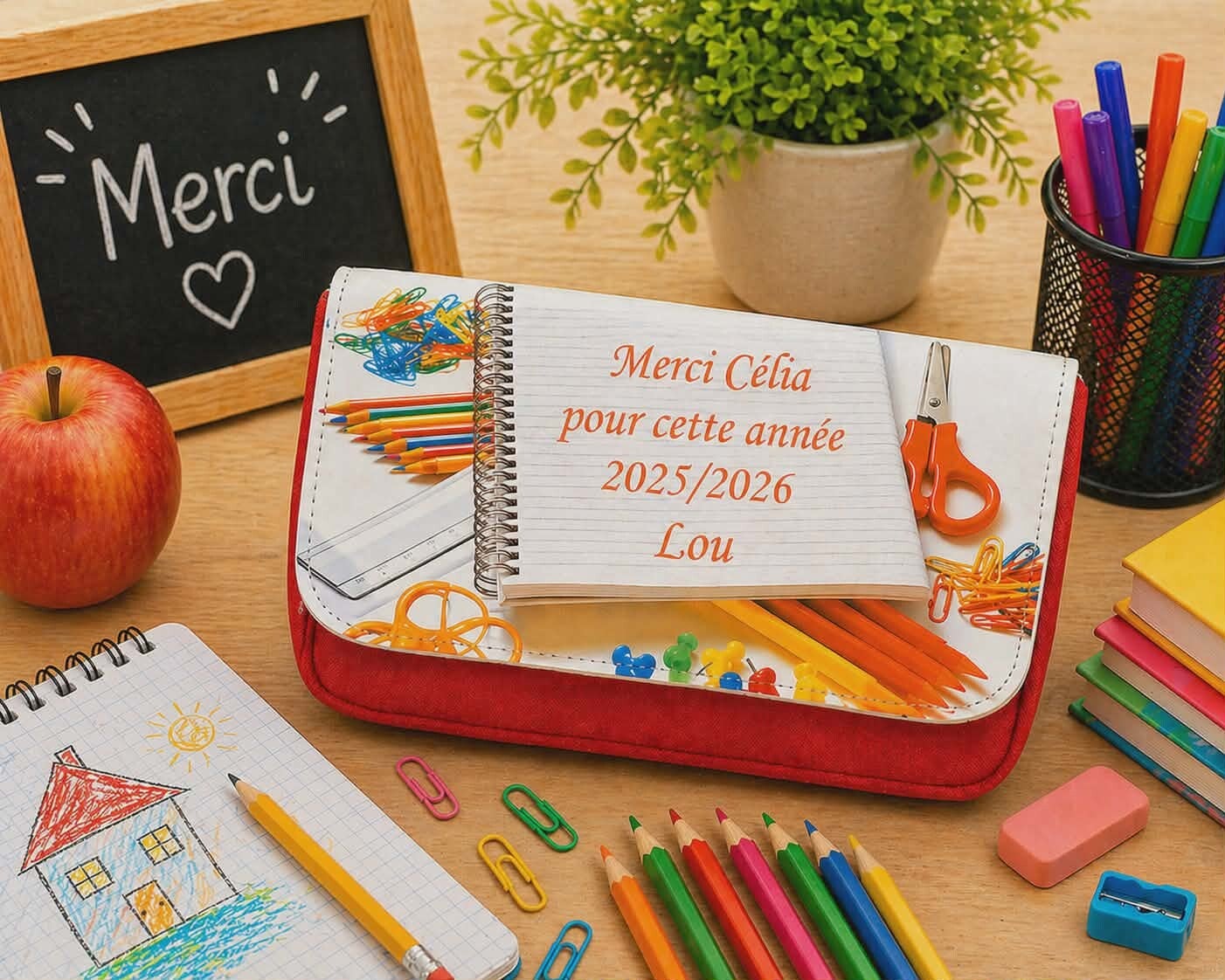 Trousse à crayons personnalisée - Modèle motif école autour bloc note
