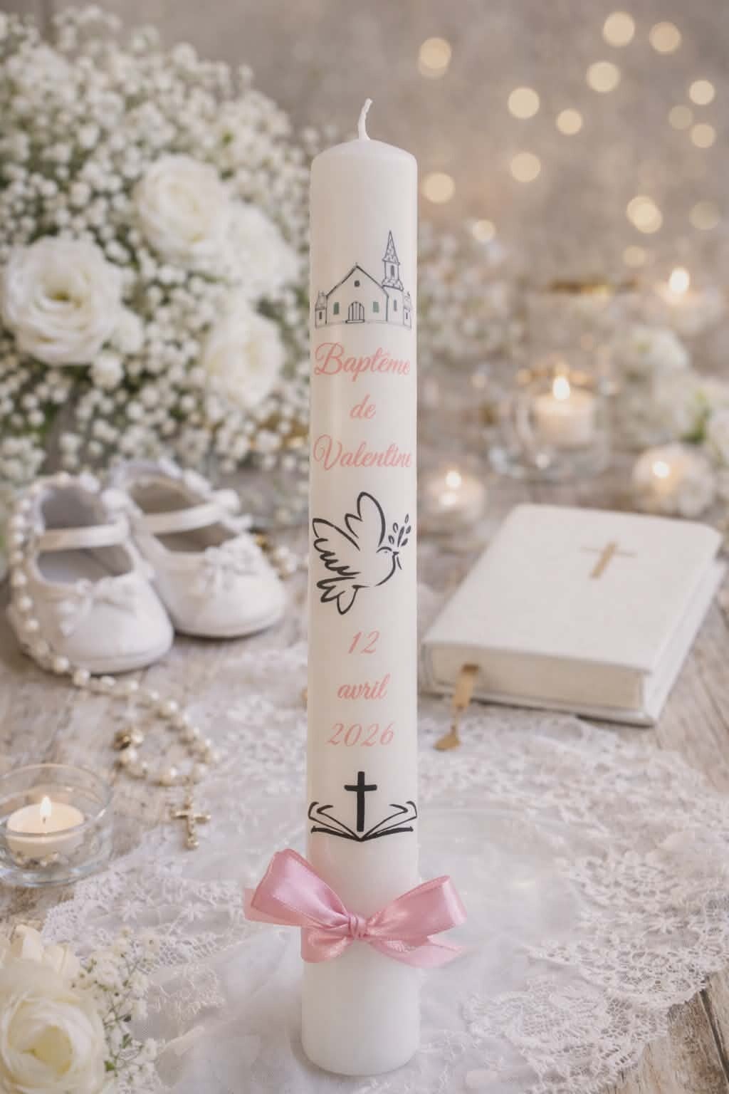 Cierge personnalisé - Modèle église , colombe et bible avec croix