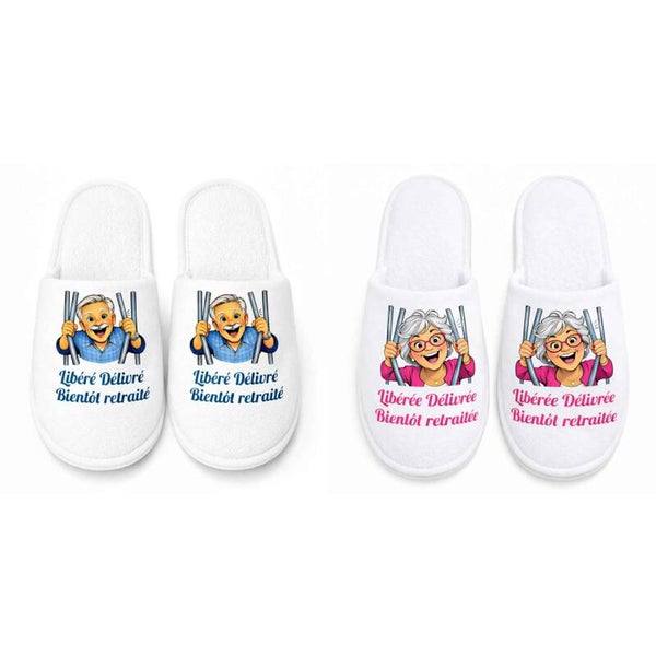 Chaussons personnalisé - Modèle "Libéré Délivré Bientôt Retraité"