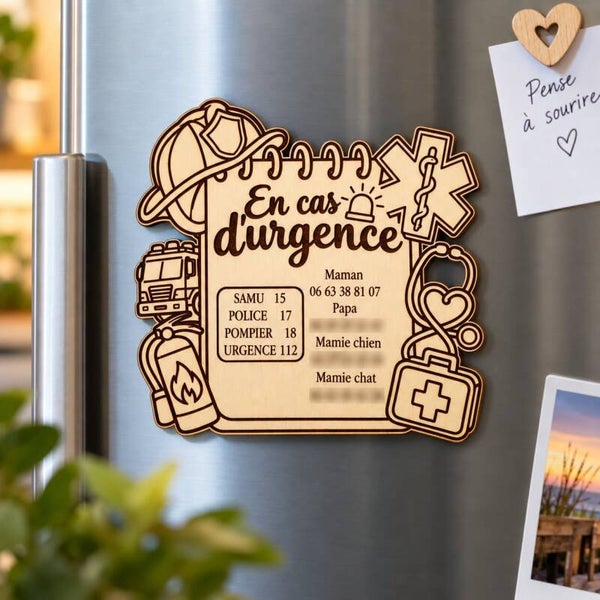 Magnet en bois personnalisé - Contacts d'urgence
