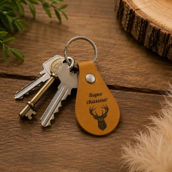 Porte clef goutte simili cuir personnalisé - Modèle tête de cerf