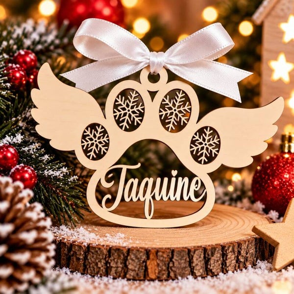Décoration de Noël en bois personnalisée - Suspension chien avec ailes d'ange