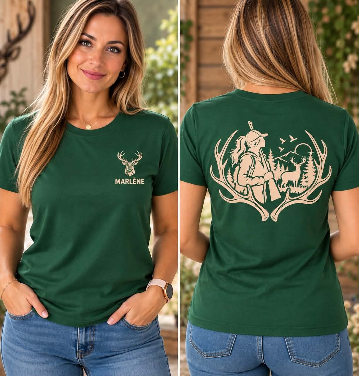T-shirt femme personnalisé - Modèle bois de cerf - Chasseresse