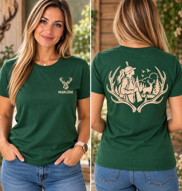 T-shirt femme personnalisé - Modèle bois de cerf - Chasseresse