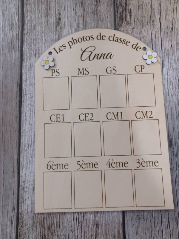 Panneau en bois photos de classe personnalisé au nom de Anna- Version française - Modèle marguerite
