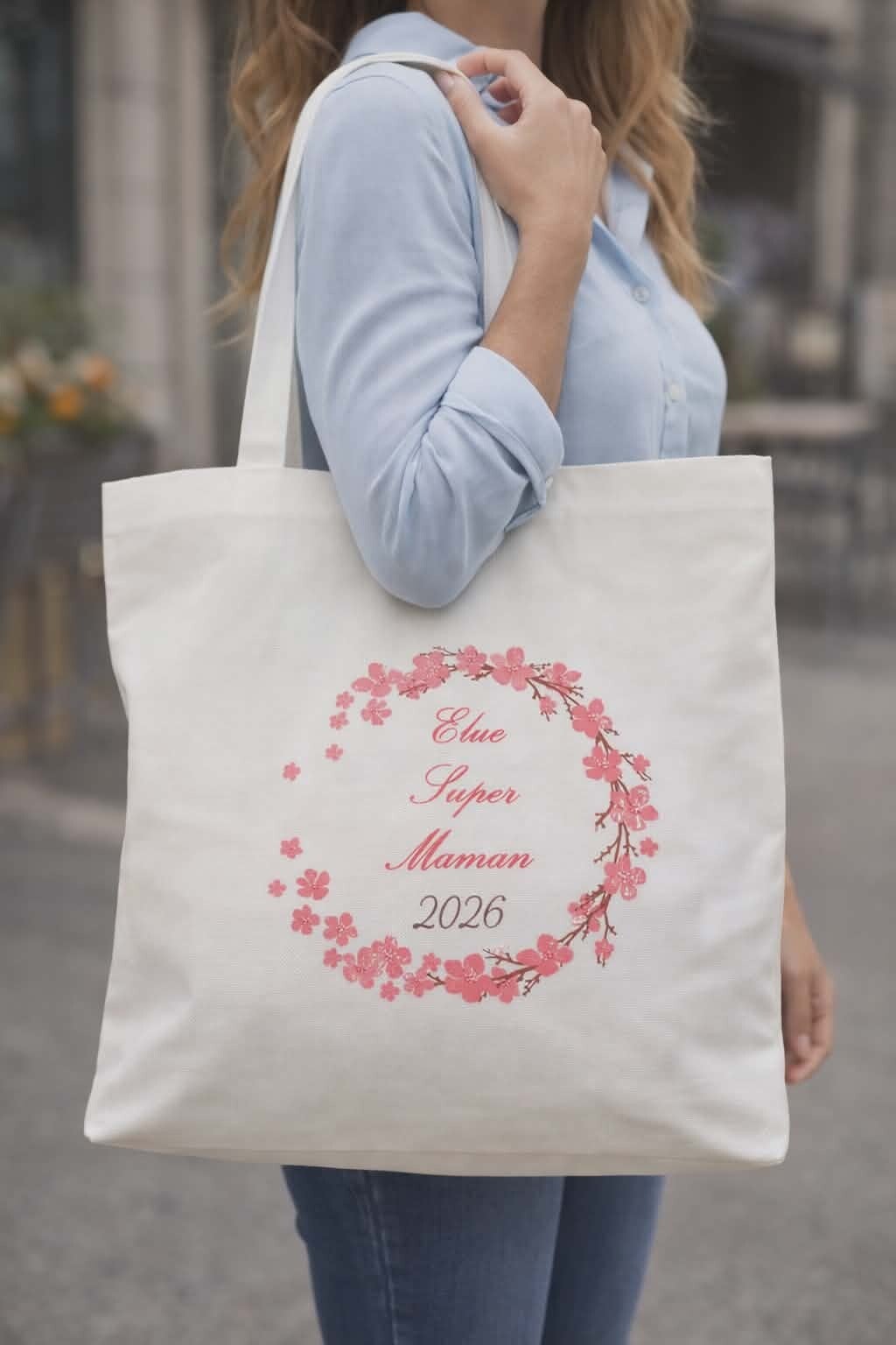 Tote bag personnalisé - Modèle couronne fleural rose