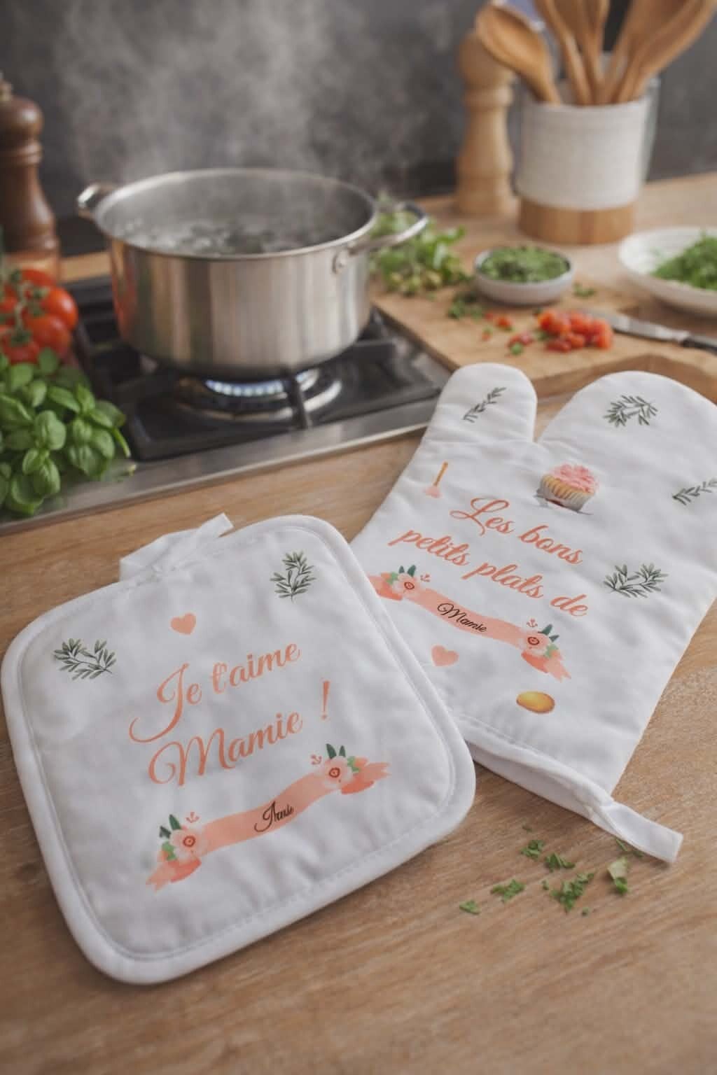 Lot de manique personnalisé - Modèle feuille d'olivier, cupcake et bannière fleural