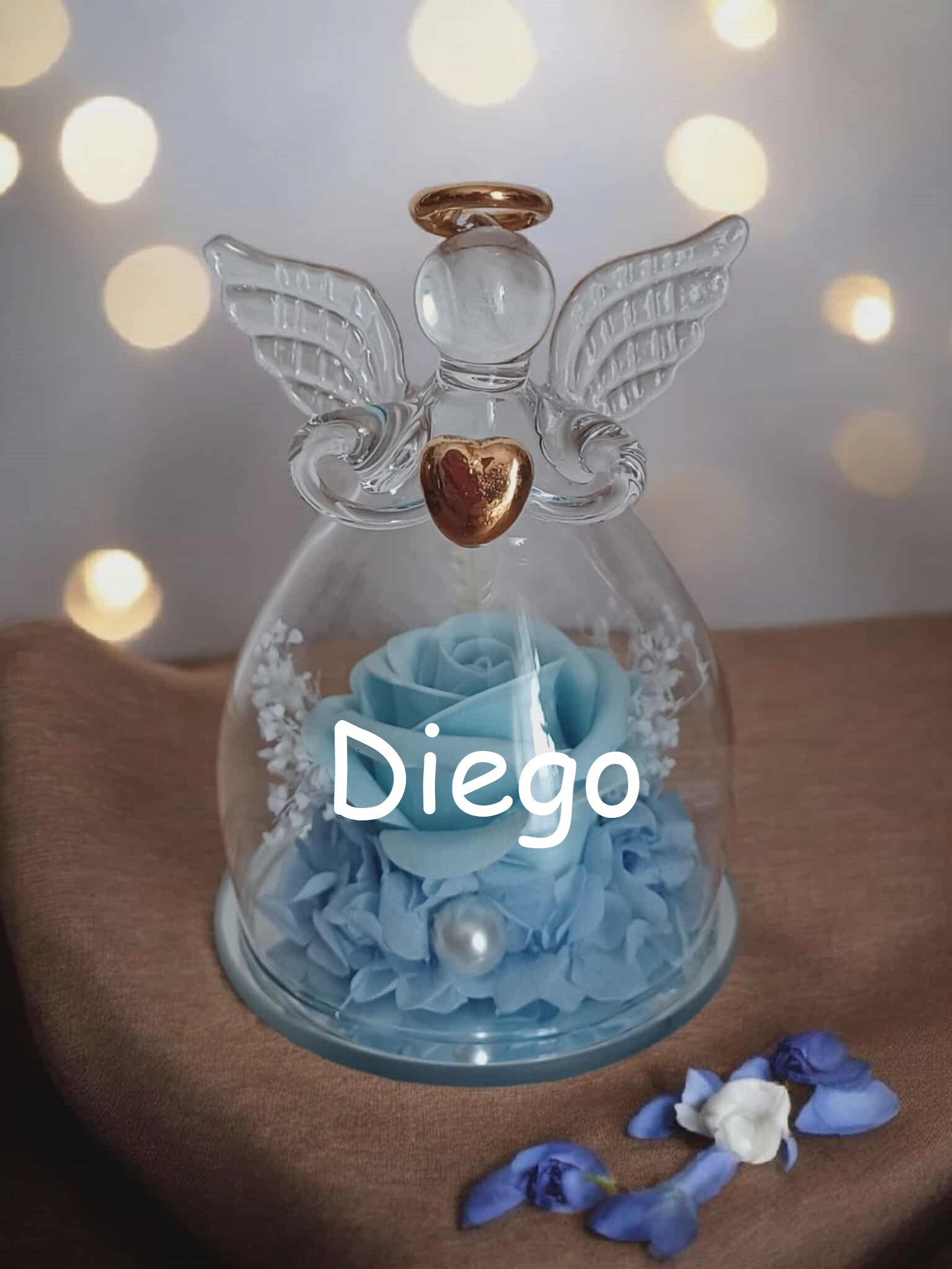 Ange en verre avec roses éternelles personnalisé - Modèle bleu