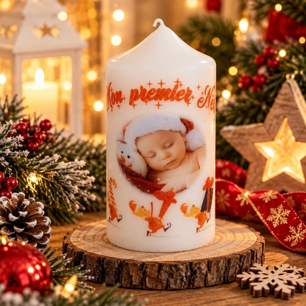 Bougie personnalisée - Noël - Modèle lutins avec cadeaux avec photo