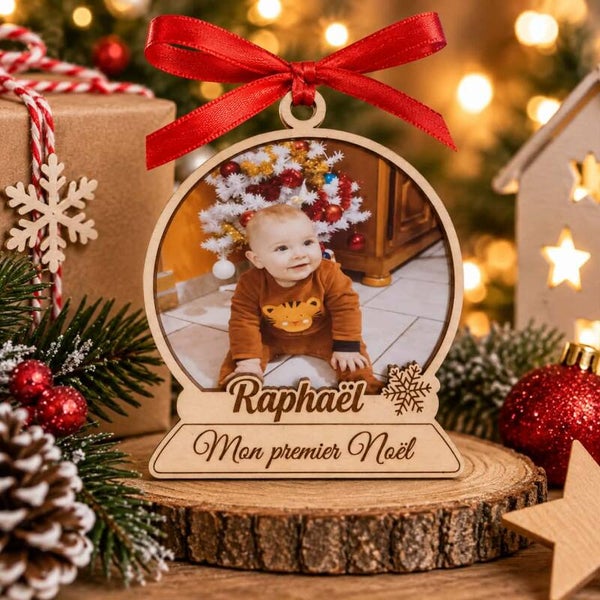 Décoration de Noël en bois - Suspension boule à neige avec photo