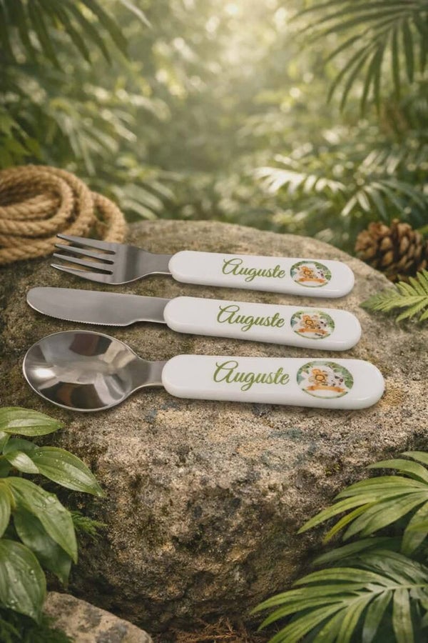 Lot de couverts personnalisés  - Modèle animaux de la jungle en cercle