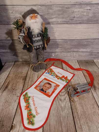 Botte/Chaussette de Noël personnalisée - Modèle branche de sapin avec photo