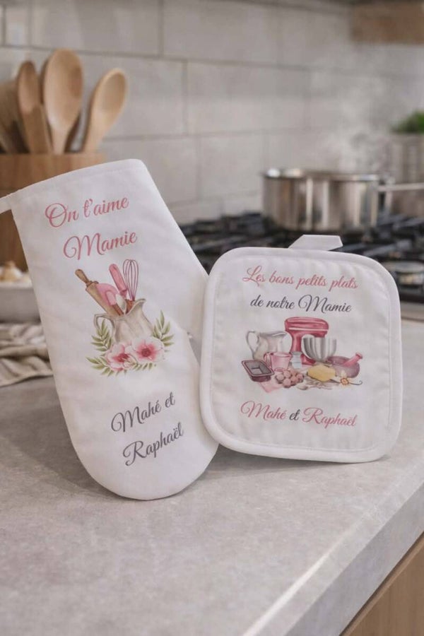 Lot de manique personnalisé - Modèle pot avec ustensile fleural et robot avec ingrédients de cuisine