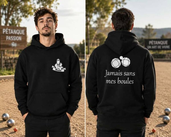 Sweat adulte unisexe couleur flocage - Modèle joueur et boules de pétanque