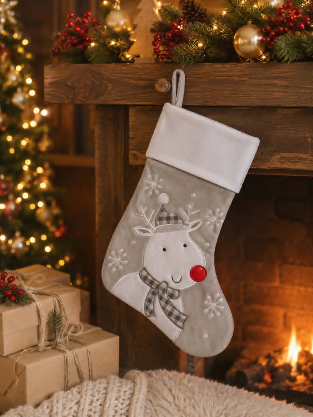 Botte/Chaussette de Noël personnalisée - Modèle rennes gris