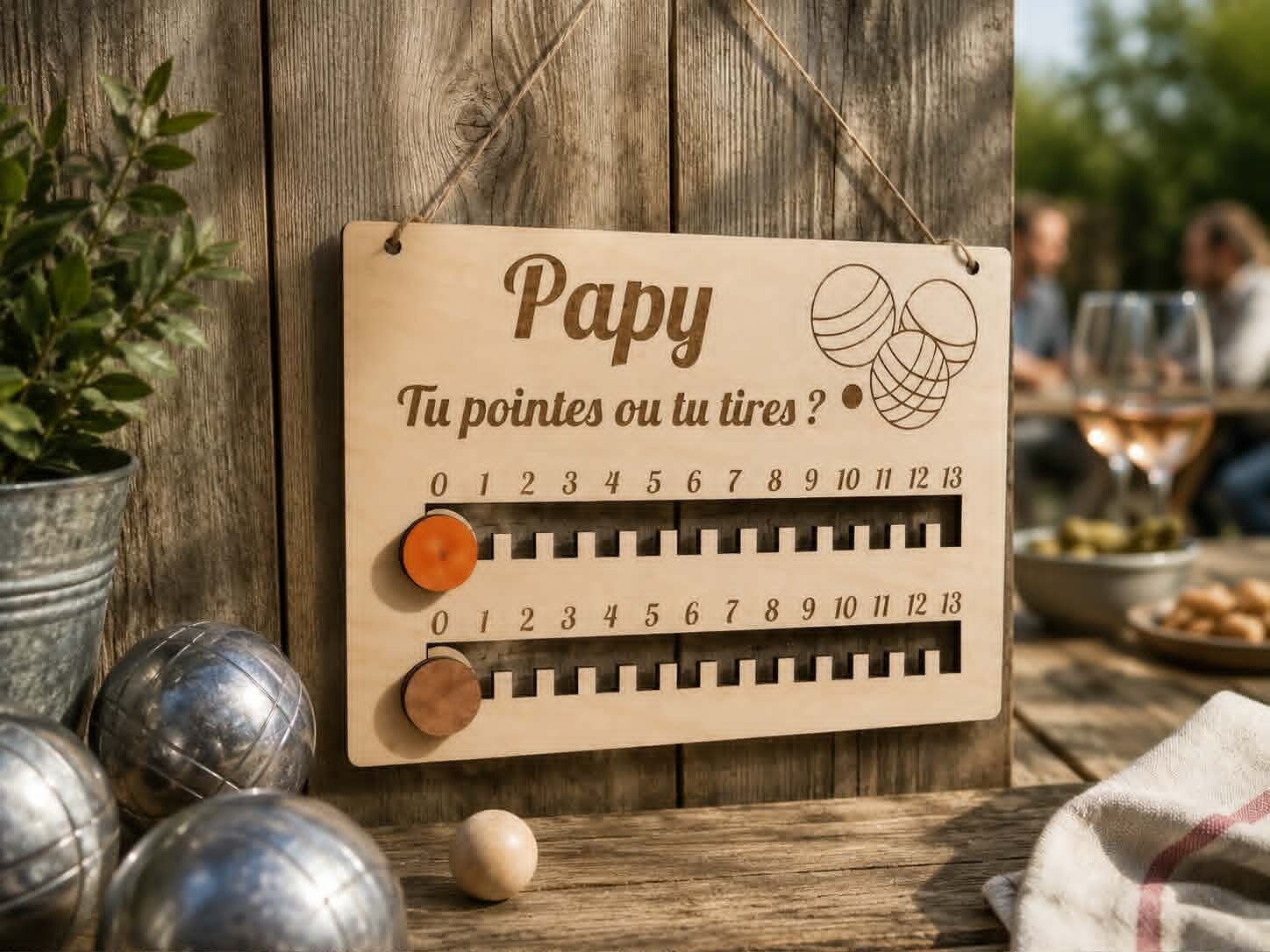 Compteur de points murale personnalisé - Modèle triplette de pétanque avec cochonnet