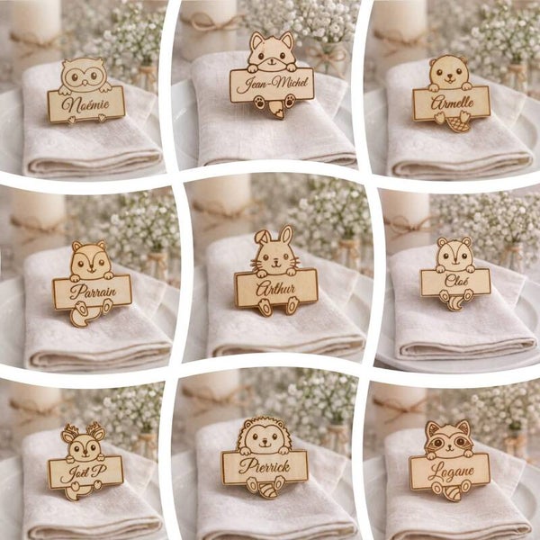 Marque place personnalisé en bois - Modèle animaux de la forêt