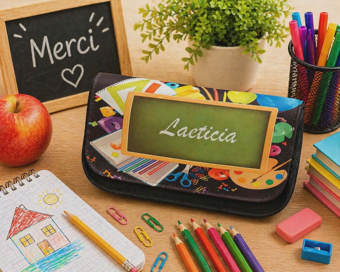 Trousse à crayons personnalisée - Modèle motif école autour tableau