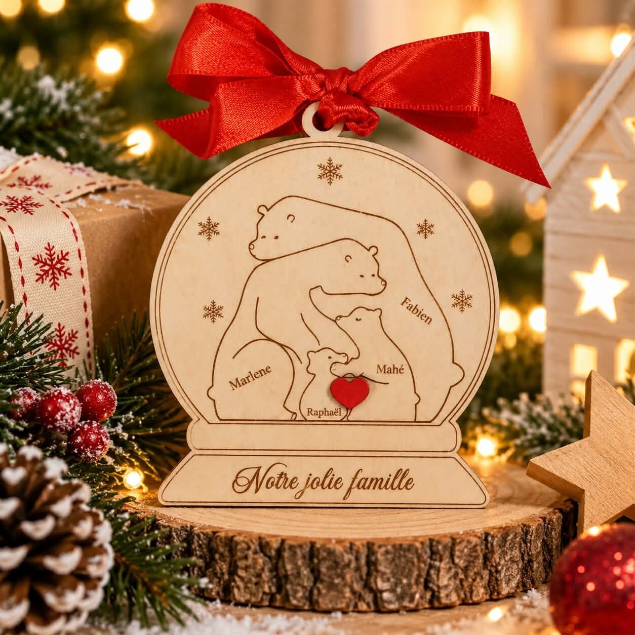 Décoration de Noël en bois - Suspension boule à neige - Famille ours