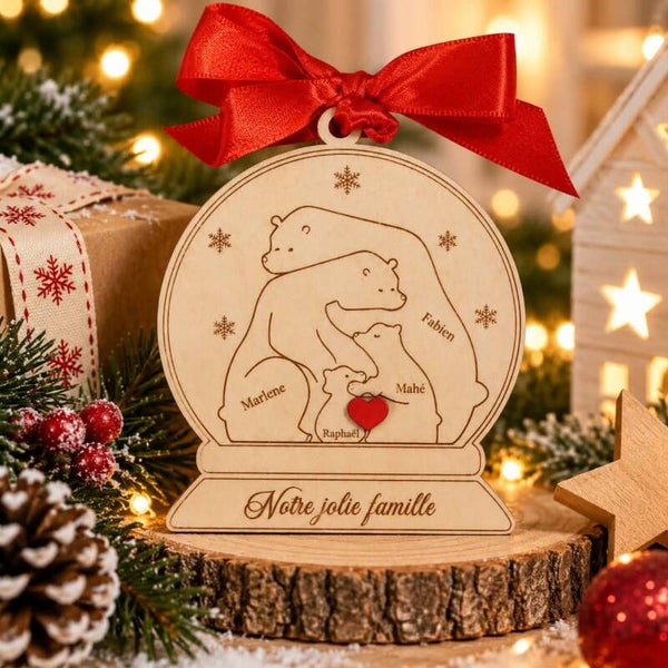 Décoration de Noël en bois - Suspension boule à neige - Famille ours