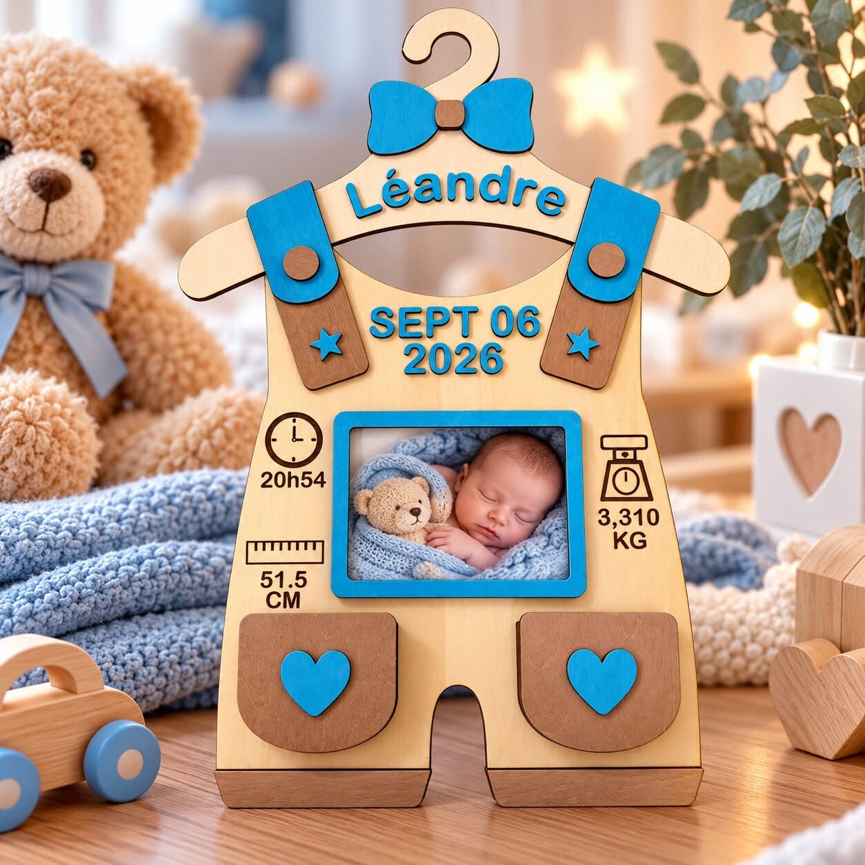 Salopette de naissance en bois personnalisée - Cadeau de naissance
