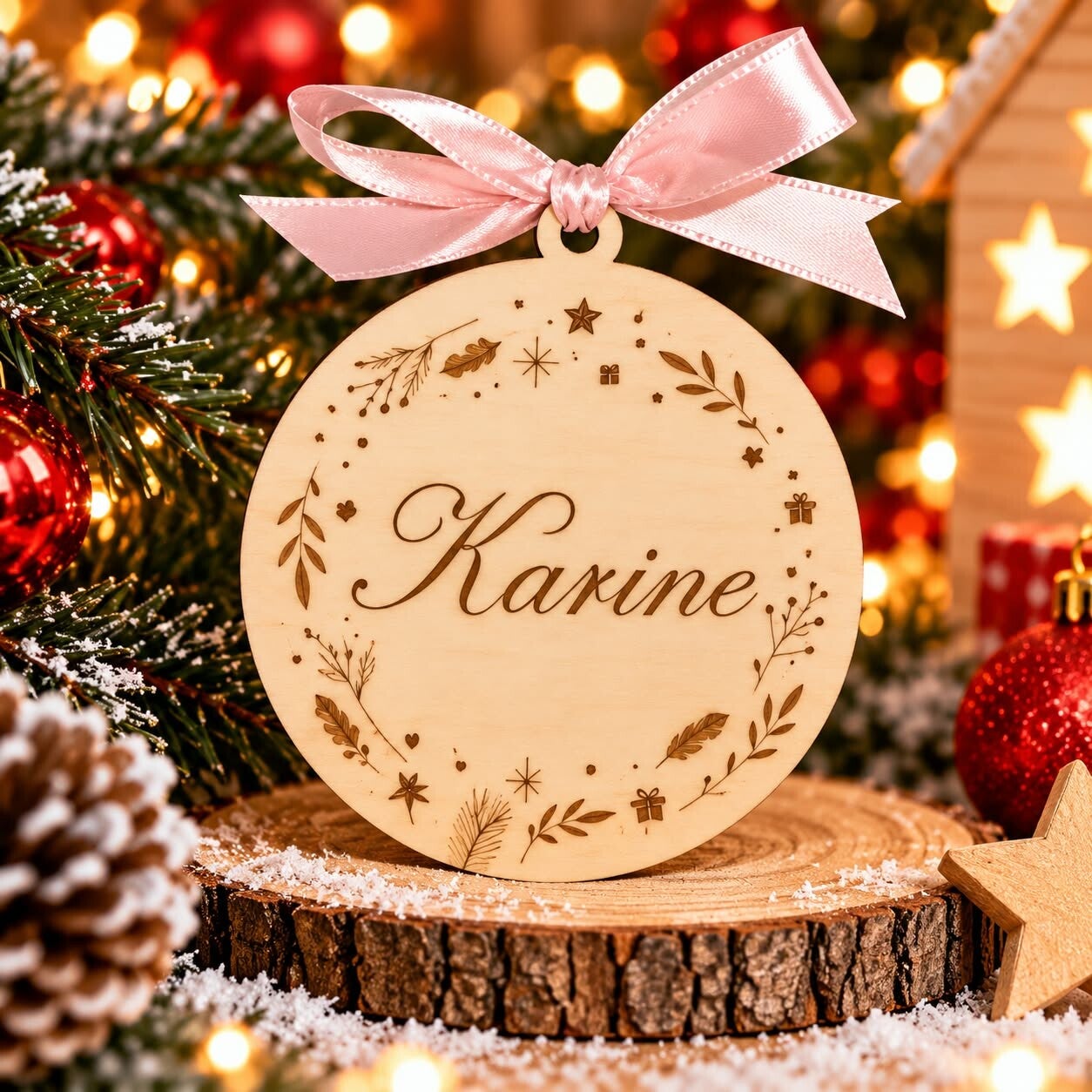Ornement de sapin en bois personnalisé - Modèle couronne motif Noël