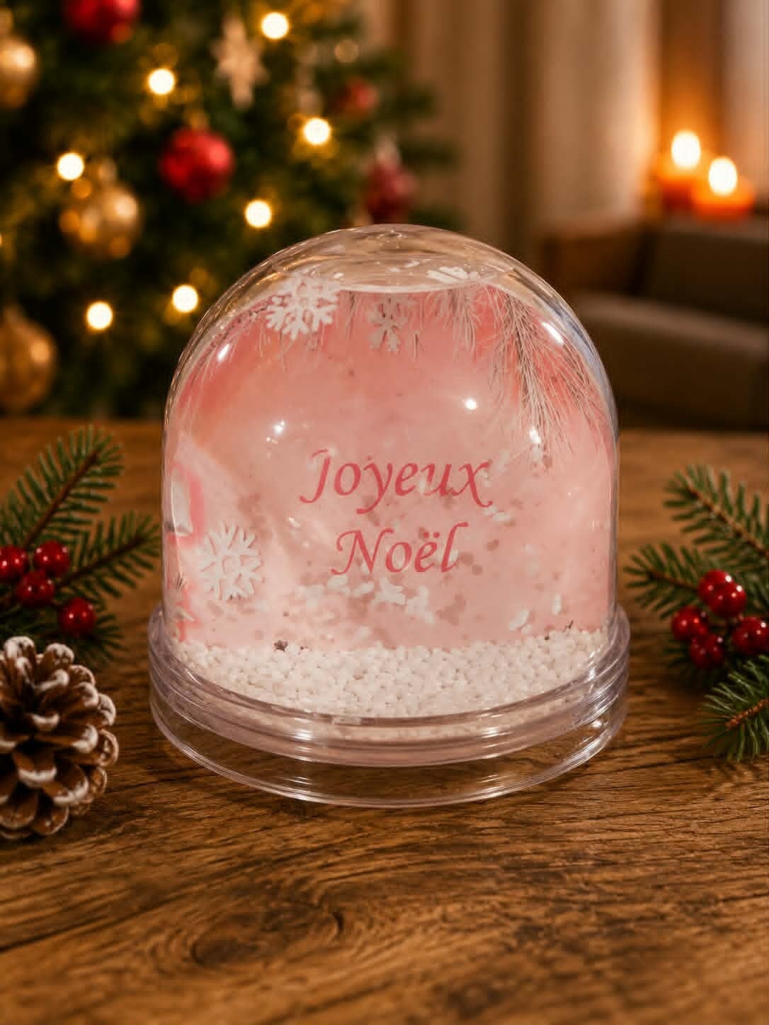 Boule à neige personnalisée - Modèle fond rose avec petit flocon et sapin