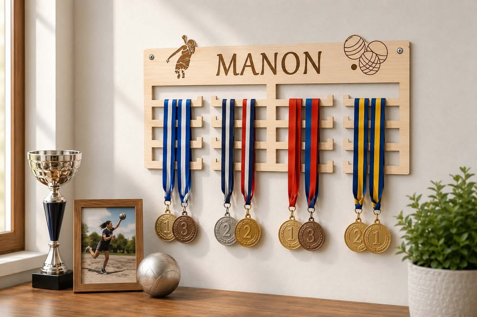 Cintre à médaille en bois personnalisé - Modèle joueuse de pétanque et triplettes de pétanque