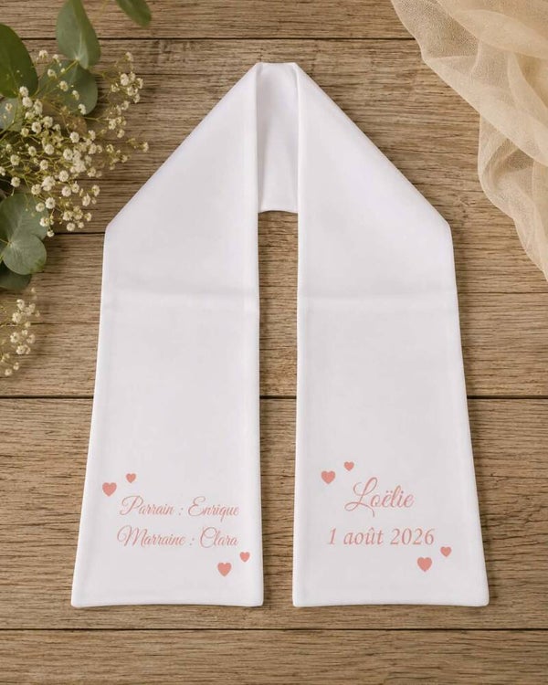 Echarpe de baptême ou communion personnalisée - Modèle petits cœurs