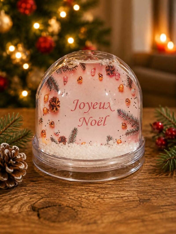 Boule à neige personnalisée - Modèle fond rose avec branche de sapin