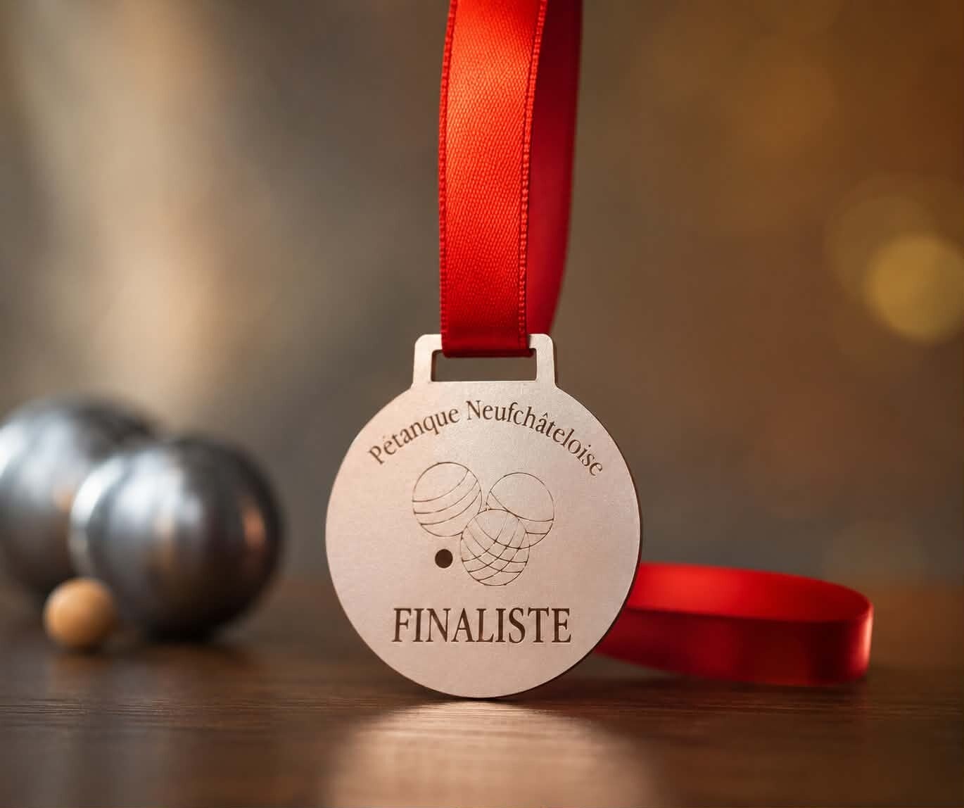 Médaille en bois personnalisée - Modèle boules de pétanque