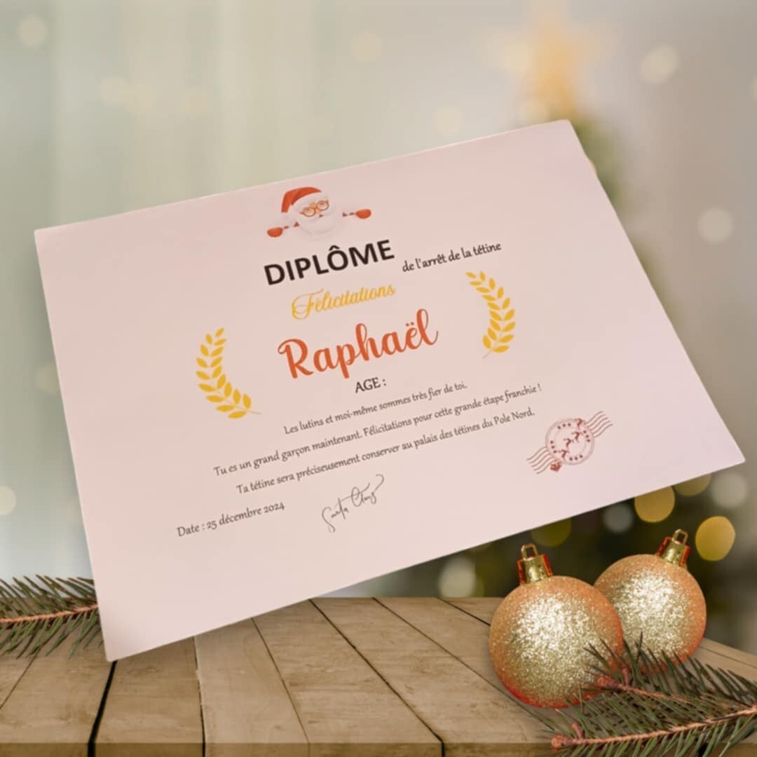 Affiche personnalisée - Modèle diplôme de l'arrêt de la tétine par le Père Noël