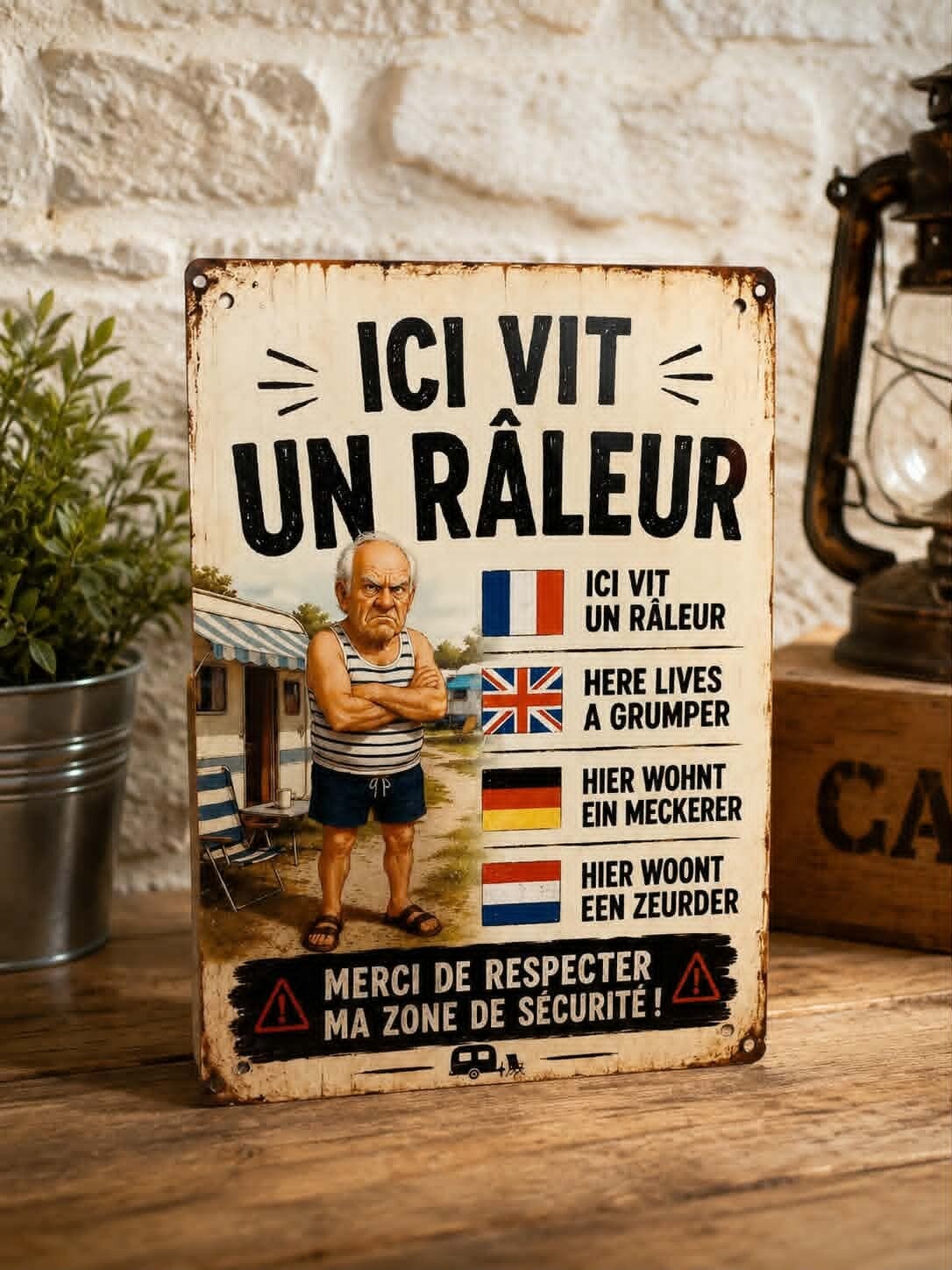 Plaque en aluminium - Modèle camping-cariste "Ici vit un râleur"