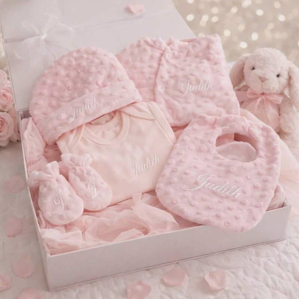 Ensemble bébé 5 pièces personnalisé en minky - Modèle texte