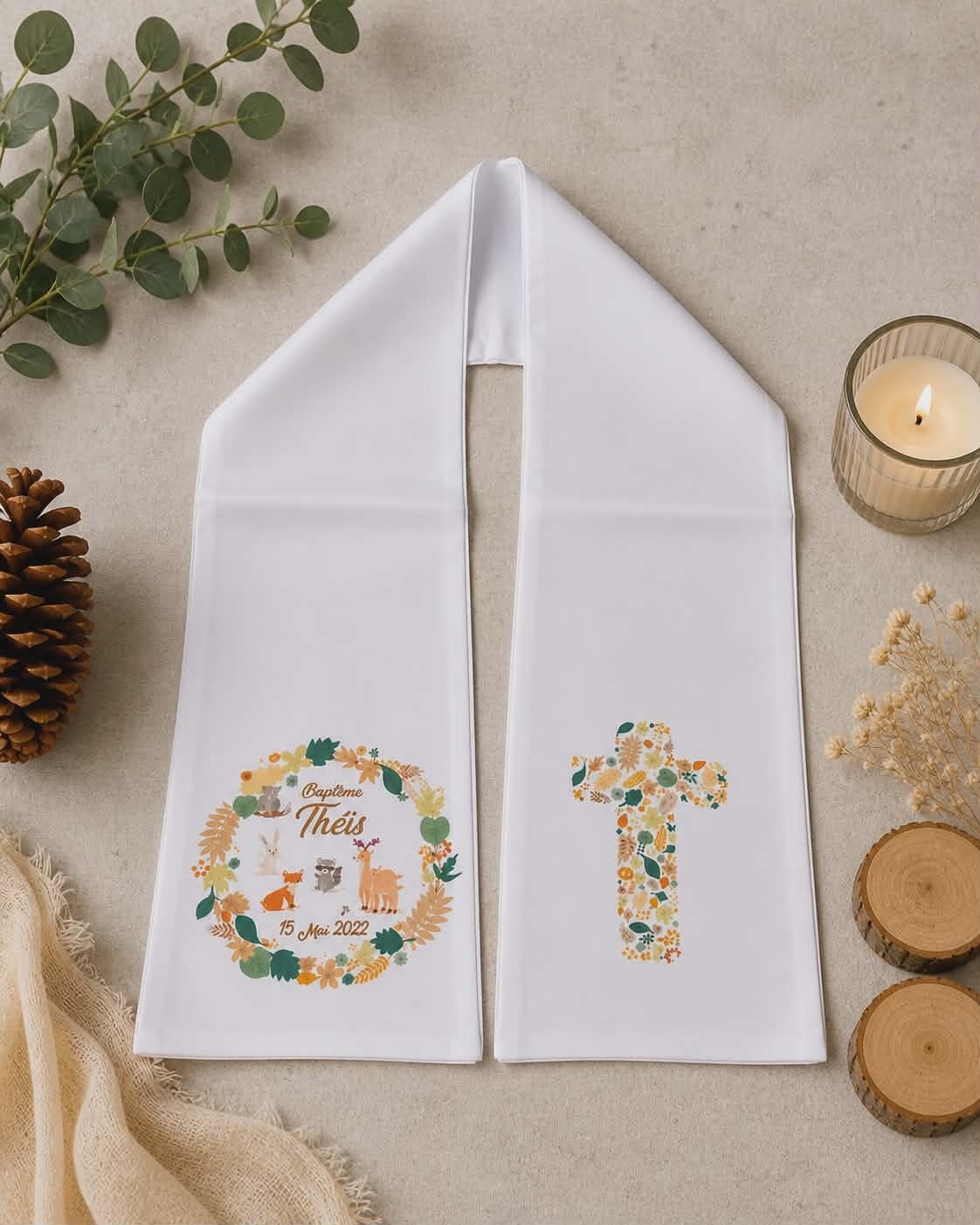 Echarpe de baptême ou communion personnalisée - Modèle couronne et croix forêt