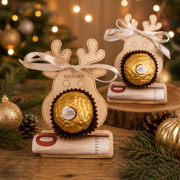 Porte-billet en bois rennes personnalisé avec son Ferrero Rocher