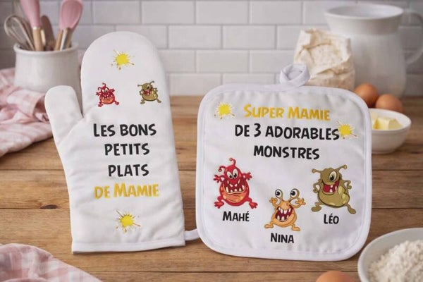 Lot de manique personnalisé - Modèle petits monstres et tâches de peinture