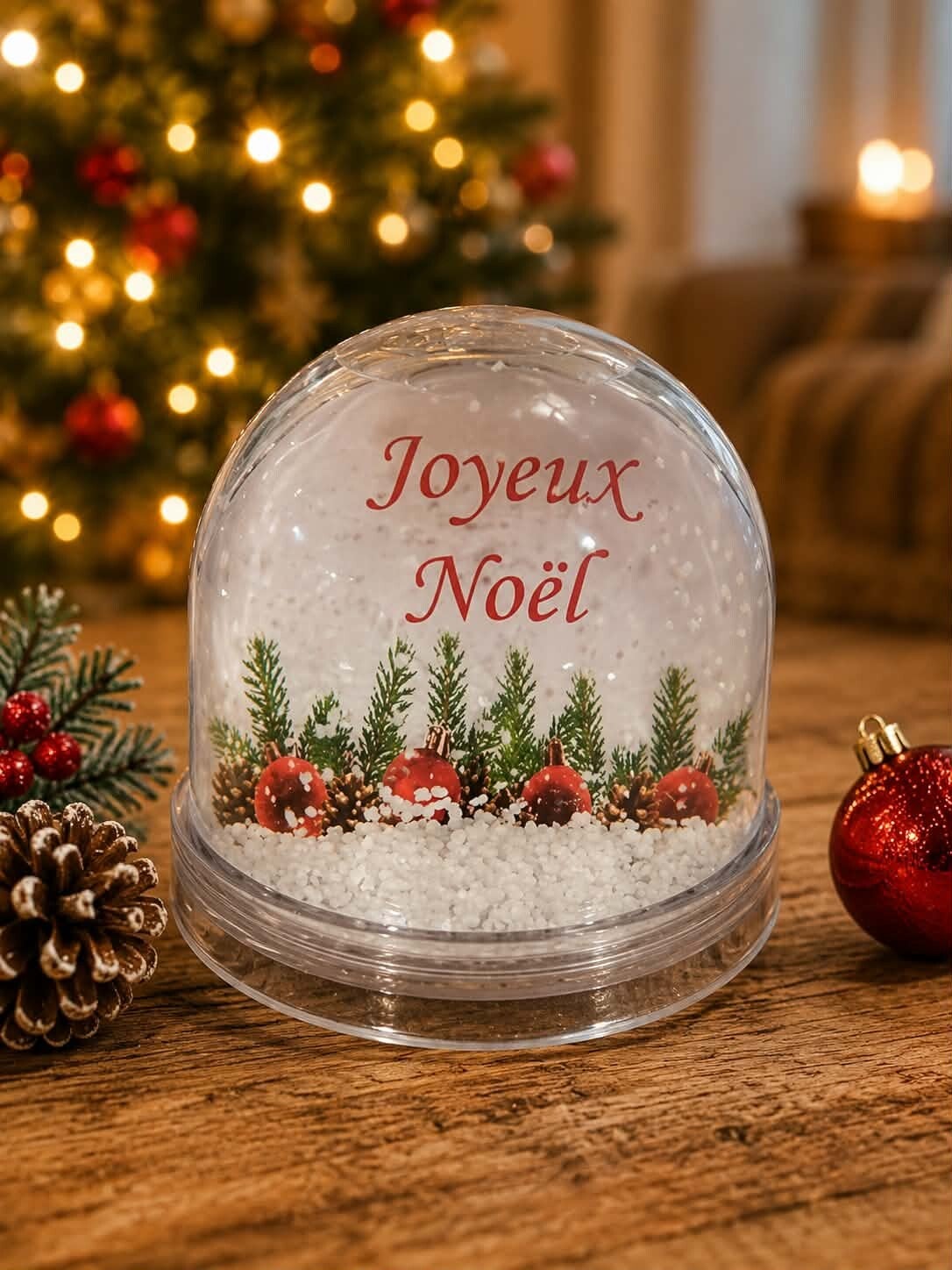Boule à neige personnalisée - Modèle branche sapin et boules rouge