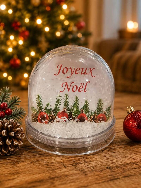 Boule à neige personnalisée - Modèle branche sapin et boules rouge